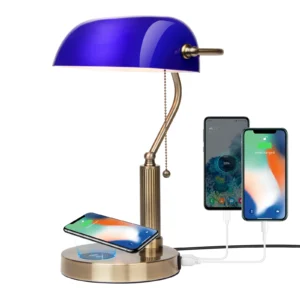 Alternative view of Banker Desk Lamp with Wireless Charger & USB Port — Emerald Blue Glass Shade, 350° Rotating, Vintage Chain Switch